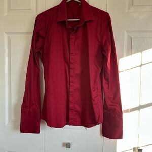Men's Red Button-Up Shirt with Fold-Up sleeves requiring cuff links.